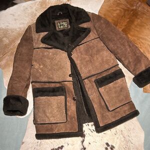 Vtg 70s Leather Shop Sears Mens 42 Suede Marlboro Man Ranch Coat Faux Fur Lined